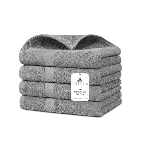 Villa Celestia Cotton Hand Towels Set of 4, 16 x 28, Oeko-TEX Certified, Quick Dry, Grey