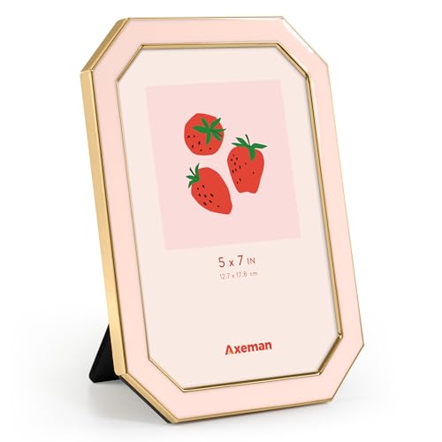 Axeman 5x7 Enamel Picture Frames with Tempered Glass-5 x 7 Modern Octagon Photo Frame with Gold Metal Edge Velvet Back for Tabletop and Wall Mount Display for Shelf & Desk, Pink