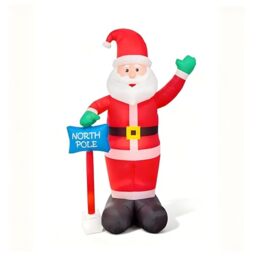 6ft Inflatable Hand Waving Santa Clause with North Pole Sign Board Pre Lit Mains Powered White LED Lights Christmas Props Outdoor Garden Decoration