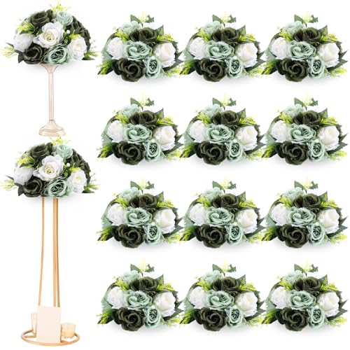 Hotop 12 Pcs Flower Balls Wedding Rose Centerpieces Silk Flower Kissing Balls Arrangement Artificial Hydrangea Flower Bouquet Faux Rose Floral Decoration (Forest Green)