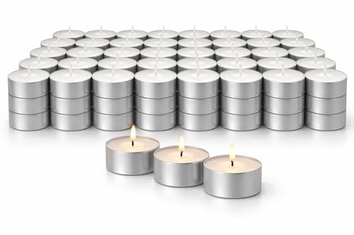 50 Pack 8 Hour Long Burning Unscented Tea Light Candles, Long Lasting, Cotton Wicks Ideal for Weddings, Birthdays, Parties, Restaurants, Massage Parlors, Spa