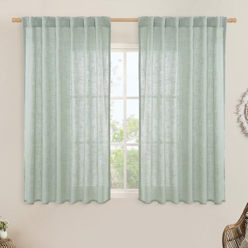 LAMIT Semi Sheer Linen Curtains 54 Inch Length 2 Panels, Light Sage Light Filtering Panels Back Tab and Rod Pocket Neutral Drapes for Kitchen/Window/Dining Room, 52 x 54 Inch