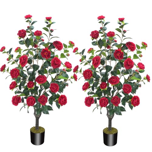 "MHMJON 2 Pack 43.3""/3.6FT Artificial Camellia Trees for Outdoor - Fake Red Camellia Silk Flowers Tree with Pot, Tall UV Resistant Faux Outdoor Plants for Front Porch Indoor Home Decor"