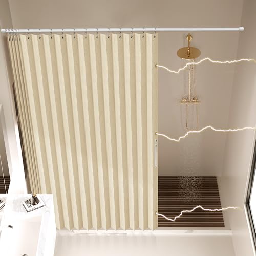 "AJAZZ Magnetic Folding Shower Curtains Fabric Polyester Material Shower Curtain Hook Waterproof Shower Curtain Suitable For Family Hotel Homestay (Beige,77"" W x 72"" L) 1 Panel"