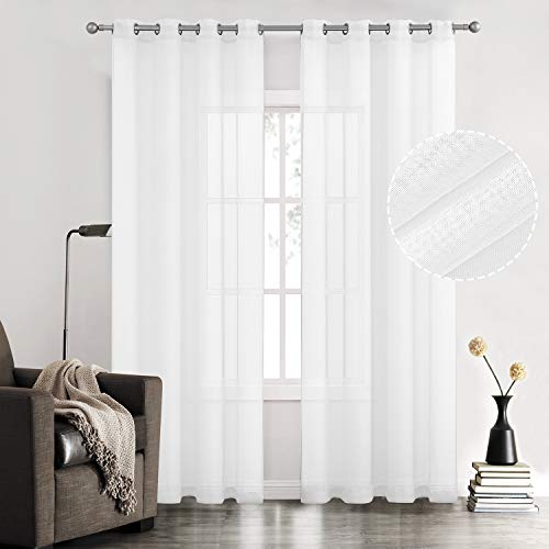 July Joy White Semi Linen Look Sheer Curtains for Bedroom, Living Room Grommet Light Filtering Solid Voile Window Curtains, Set of 2 Panels, 52 x 84 inch