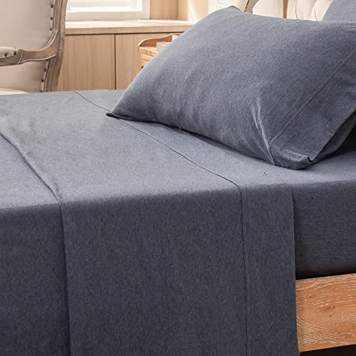 PURE ERA Jersey Knit Flat Top Sheet Only 100% T-Shirt Heather Cotton Super Soft Comfy Breathable (1-Pack, Twin, Navy Blue)