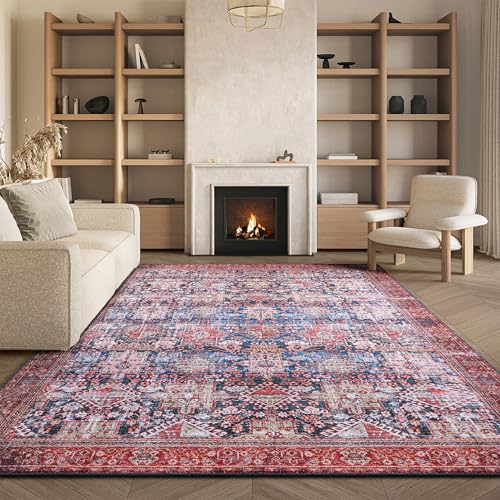 Safavieh Traditional Rug Ideal for High Traffic Areas - Machine Washable and Non Slip - Tucson Collection, Short Pile, in Navy and Rust, 183 X 274 cm