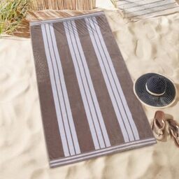 Superior Collection Combed Cotton Luxurious Jacquard Beach Towels, Taupe Cabana Stripe, Oversized
