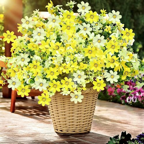 LumBelle Artificial Flowers Outdoor Plastic Flower, 4 Bundles Yellow Faux Silk Daisy UV Resistant, Realistic Faux Plants Flower Bulk for Outside Indoor Porch Patio Window Box Planter Home Decor