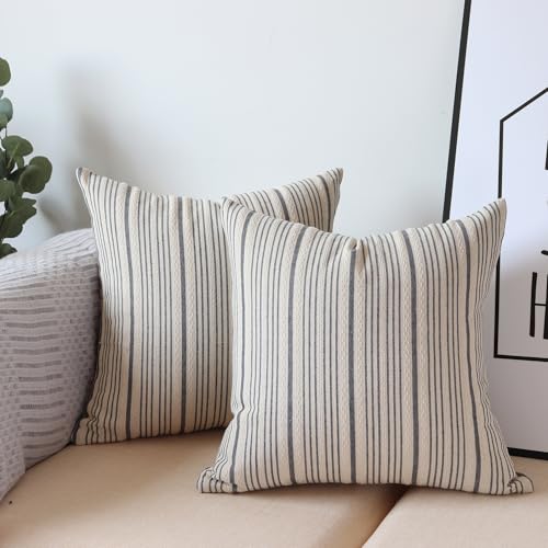 NAVIBULE Gray Pillow Covers Farmhouse Linen Throw Pillow Covers Striped Outdoor Decorative Square Throw Pillows for Couch Sofa Bed 18x18 in Pack of 2 Gray and Cream