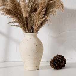 SIDUCAL Rustic Ceramic Vase 23.3cm Lime Bleached Terracotta Vase for Home Decor Table Living Room Shelf Fireplace (White)