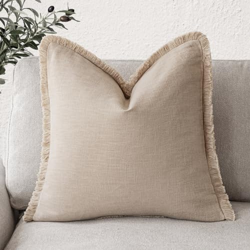Foindtower Decorative Linen Fringe Throw Pillow Covers Cozy Boho Farmhouse Cushion Cover with Tassels Soft Accent Pillowcase for Chair Sofa Bed Living Room Home Decor, 22??22 Inch, 1PC,Tan Beige