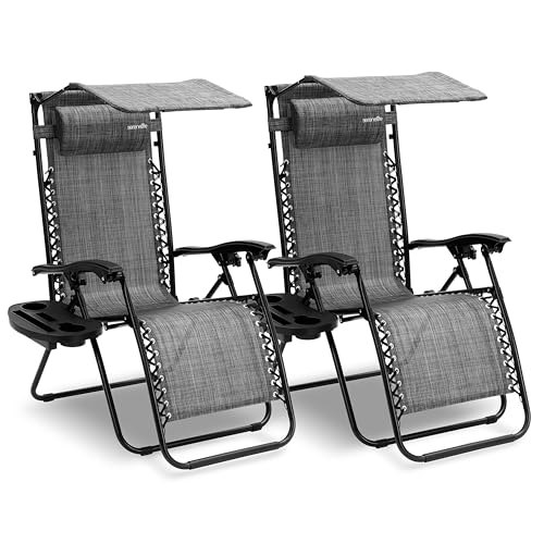 SereneLife Zero Gravity Lounge Chair, Adjustable Steel Mesh Recliners, with Canopy, Removable Pillows and Cup Holder Side Tables, Set of 2, Gray