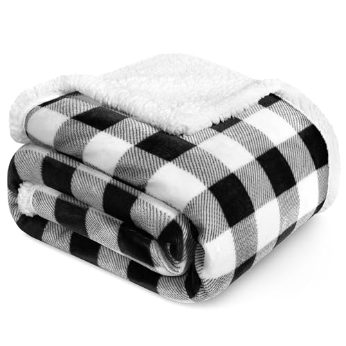 PAVILIA Buffalo Check Sherpa Blanket Throw - Fuzzy White Black Checkered Flannel Fleece Blanket for Couch Bed - Fluffy Warm Cabin Plaid Plush Microfiber Blanket - 50x60
