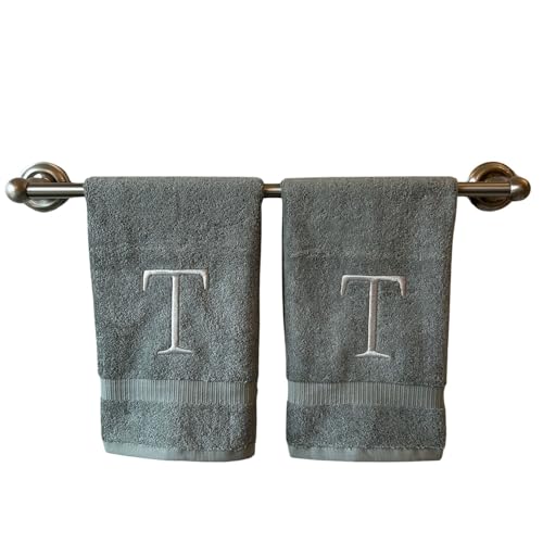 Gray with Silver Monogrammed Hand Towels for Bathroom - Set of 2 Letter T - Luxury Hotel Quality Initial Towels For Powder Room, Spa, GOTS Organic Certified