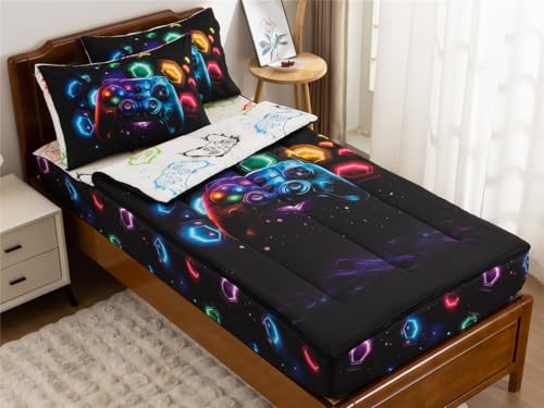 NTBED Gamer Printed Zipper Bedding Sets Twin Lightweight Microfiber Space Comforter Set with Fitted Sheet Pillow Covers,Black