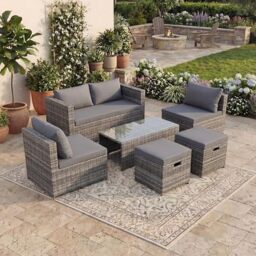 Garden Vida Islay 6 Seater Rattan Seating Set - Grey - Fully Assembled - Complete Outdoor Patio Garden Furniture Set - Steel Frame & PE Wicker - UKFR Certified - Weather Resistant, Tempered Glass