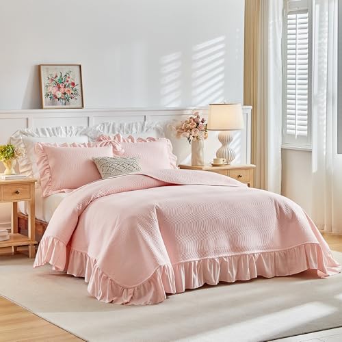 Flysheep 2 Pieces Blush Pink Quilt Set Twin Size, Wide Ruffled Fringe Lightweight Bedspread Bedding Set for All Season (1 Quilt + 1 Sham)