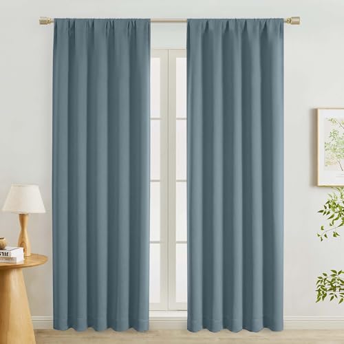 "Lecloud Stone Blue Curtains 84 Inches Long 2 Panels, Room Darkening Thermal Insulated Energy Saving Bedroom Curtains for Living Room, Rod Pocket Soft Drapes for Dining Room, Each Panel 50"" W x 84"" L"
