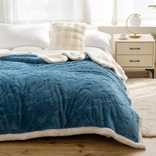 UKELER Fleece Blanket 50 ?? 60 inch Fuzzy Soft Bed Blankets Thick Floral Sherpa Throw Blanket for Camping Couch Sofa Bed Office, Navy Blue