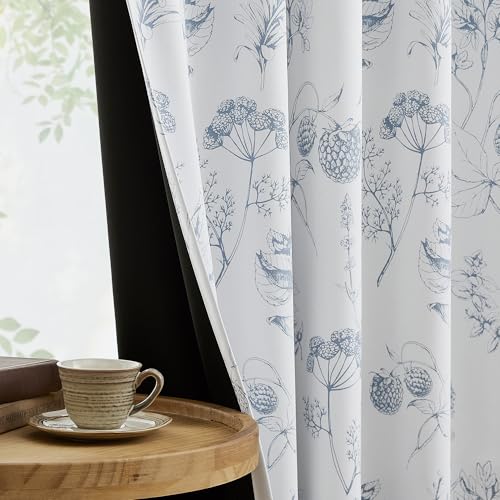 FMFUNCTEX Floral Blackout Curtains 96 Inch Long for Bedroom Blue White Floral Curtains for Living Room Country House Rod Pocket Tabs Room Darkening Thermal Insulated 2 Panels