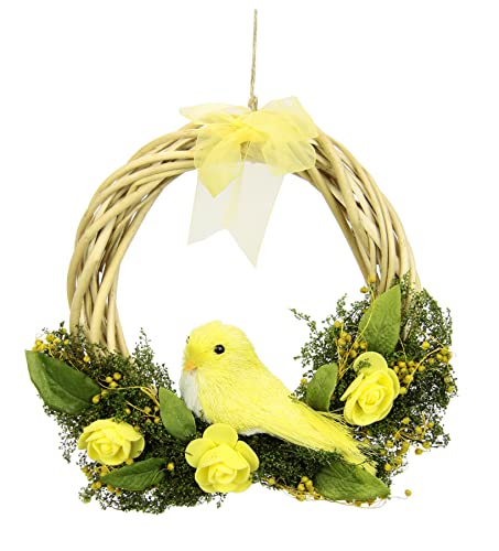 Flair Flower 090274G Easter Wreath Bird Flowers Bow Decoration Wreath Garland Artificial Easter Door Decoration Spring Door Decoration Entrance Area Flower Wall Window, Yellow, 20 x 20 x 5 cm