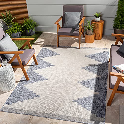 Livabliss Rubal Lagada Geometric Indoor Outdoor Floor Covering 130x180 cm – Boho Pattern for Patio & Garden, UV & Weather Resistant, Navy & Grey