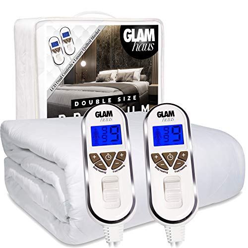 GlamHaus Double Size Electric Blanket Fitted Mattress Bed Cover, Premium White Diamond Quilted, 9 Heat Settings for Feet and Body, Timer, Dual Controls, Machine Washable (Double)