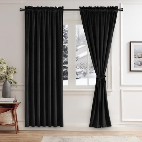 JIUZHEN Black Velvet Curtains Thermal Insulated Blackout Curtains 72 Inches Long Room Darkening Noise Reducing Drapes for Bedroom Living Room, Rod Pocket, Set of 2, 52W x 72L