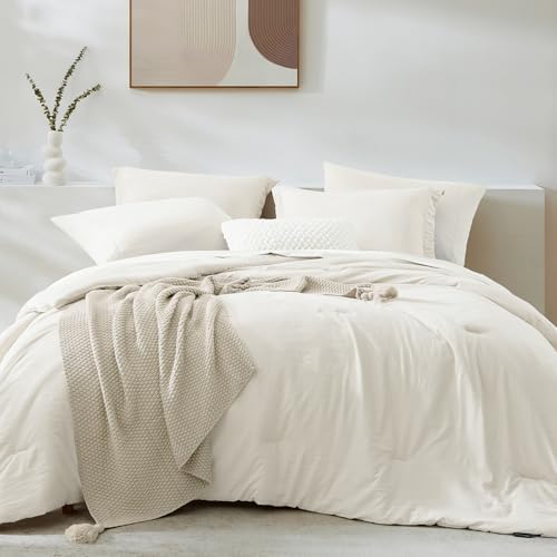 King Size Comforter Set- 7 Pieces Prewashed Bed in a Bag King Bedding Sets - Soft All Season Comforter with Sheets, Pillow Shams & Pillowcases,Cream White