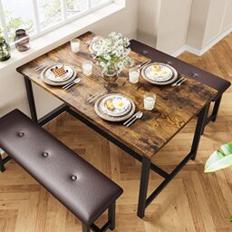 GarveeHome Dining Table with 2 Benches, 3 Piece Kitchen Table Set, Space Saving Dining Room Furniture, Metal Frame, for Kitchen Home Restaurant Bistro Patio Garden, 70D x 113W x 75H cm
