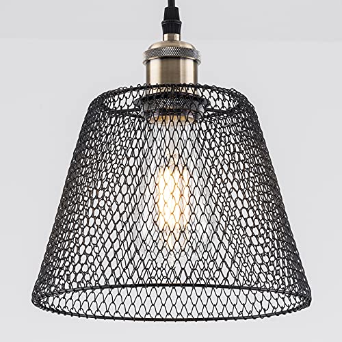 HARPER LIVING Pendant Ceiling Light Shade, Easy Fit Lampshades Black Metal Mesh, Lamp Shades, Reducing Ring Included, Vintage Ceiling Basket Cage for Bedroom Ceiling Lights Pendant (Black)