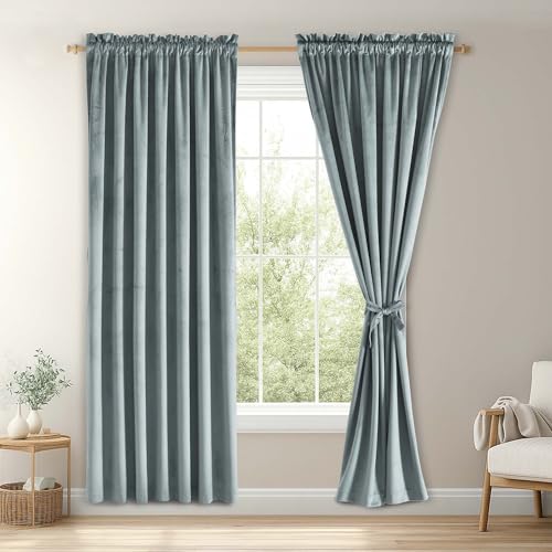JIUZHEN Stone Blue Velvet Blackout Curtains for Bedroom - 72 inches Thermal Insulated Room Darkening Rod Pocket Drapes for Office/Party, Set of 2 Panels with Tiebacks, 52W x 72L