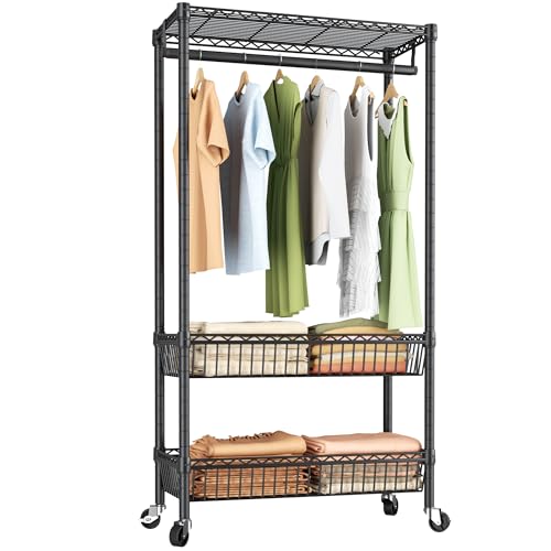 Golpart Heavy Duty Rolling Clothes Rack Wheels Portable Metal Garment Rack - Wardrobe Adjustable Wire Shelving Metal Double Clothing Racks for Hanging Clothes Organizer Closet Laundry Room Organization