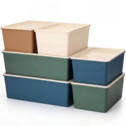 Menkxi 6 Pcs Large and Small Plastic Storage Bins with Lids 14.4 x 10.4 x 5.1 Inch Stackable Storage Containers Decorative Cubby Organizer for Clothes Shelves Garage Closet Office (Neutral color)