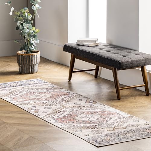nuLOOM 2' x 10' SpinClean Machine Washable Stain-Resistant Area Rug with Non Slip Backing, Low Profile for Living Room, Bedroom, and Dining Room, Mae Peach
