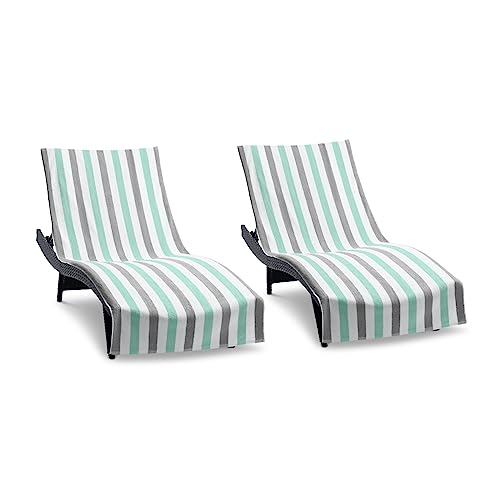 Arkwright Cabo Cabana Chaise Lounge Cover - (Pack of 2) 100% Cotton Terry Towels, Pool Chair Covers for Outdoor Beach Furniture, 30 x 85 in, Grey/Mint