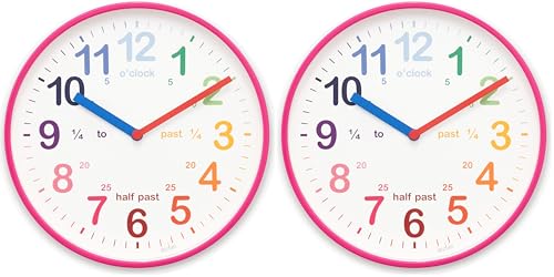 Acctim Wickford Kids Teaching Wall Clock Quartz Rainbow Dial Quarter Markers Pink 20cm 22520 (Pack of 2)