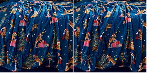 Catherine Lansfield Christmas Tiger Cosy Fleece 130x170cm Blanket Throw Navy Blue (Pack of 2)
