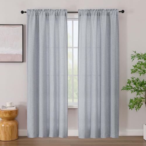 "Simplebrand Grey Linen Curtains 84 Inch Length 2 Panels Set, Faux Linen Textured Semi Light Filtering Farmhouse Curtains & Drapes, Soft Slub Window Curtains for Living Room Bedroom, Each 42"" Wx84 L"