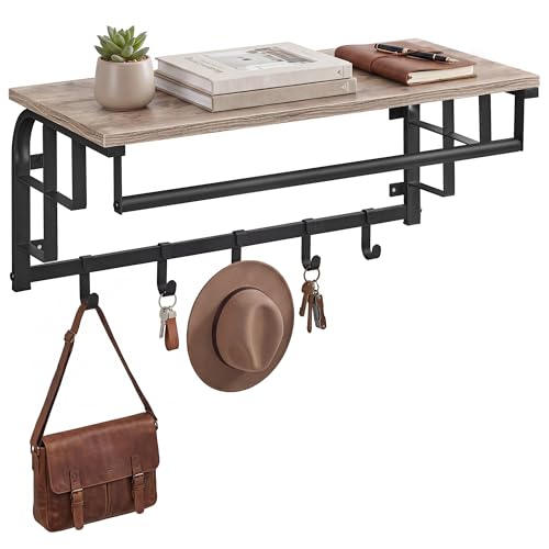 VASAGLE Coat Rack Wall-Mounted, Clothes Rail with 5 Removable Coat Hooks, Floating Shelf with Hanging Rail, for Hallway, Bedroom, Living Room, Greige and Black LCR012B02