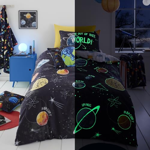 Bedlam Glow in the Dark Space Duvet Cover – Double Size (200x200cm) – Reversible Galaxy & Planet Design – Solar System Bedding for Boys/Kids, Black