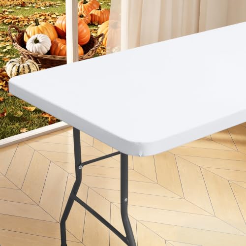 "Homing Rectangle Table Cloth Cover, Waterproof Polyester Elastic Fitted Tablecloth, Fits for 6 Foot Folding Tables, Washable Table Protector for Picnic, Camping, Outdoor (White, 18"" x 72"")"