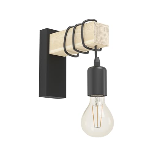 Eglo Indoor wall Light Townshend, Vintage wall lamp with Wooden Beam, Retro Lighting Made of Wood and Metal in Black, E27, FSC Certified
