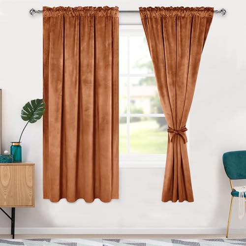 Hiasan Velvet Curtains 63 inch Blackout Rod Pocket Thermal Insulated Soft Curtains Room Darkening Window Drapes with Tiebacks for Bedroom Living Room, Set of 2 Panels, 52W x 63L, Terracotta Red