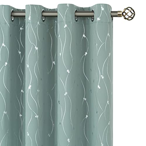 BGment Room Darkening Curtains 95 Inches Long, Grommet Thermal Insulated Blackout Curtains with Wave Line and Dots Printed for Bedroom, 2 Panels, Each 52 x 95 Inch, Frosty Green