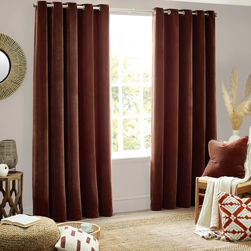 Yard Heavy Chenille Eyelet Curtain Pair – Lined Room Darkening, Soft Velvet Home Décor (Nutmeg - Width 168 x Drop 183cm)