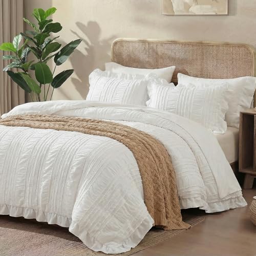 MOVE OVER White Seersucker Comforter Set King White Stripes Textured Bedding Set 3 Pieces Soft Microfiber All Seasons Bed Set Boho Chic Farmhosue Ruffled Comforter Set with 2 Pillow Shams