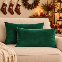 "VAKADO Green Lumbar Velvet Soft Solid Cushion Covers Decorative Rectangle Cozy Throw Pillow Covers Home Decor for Living Room Couch Sofa Car 12""x20"" Set of 2"