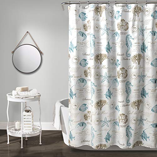 "Lush Decor 72"" W x 72"" L Blue & Taupe Sea Life Shower Curtain, Coastal Bathroom Decor"